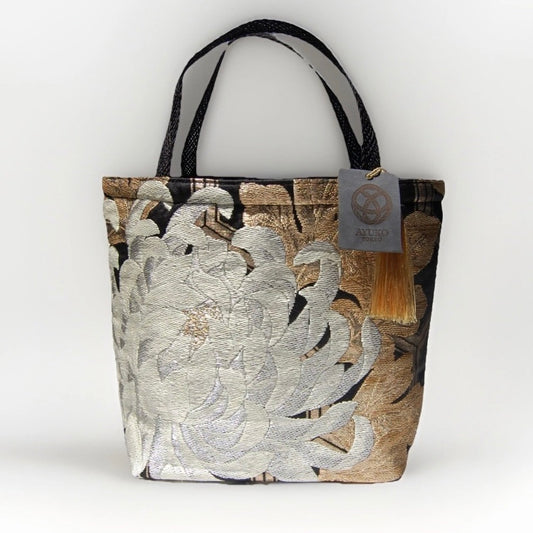 Rangiku 乱菊 Chrysanthemum Vintage Obi Silk Tote in Ivory Black