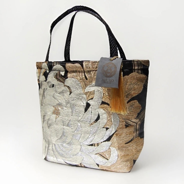 Rangiku 乱菊 Chrysanthemum Vintage Obi Silk Tote in Ivory Black