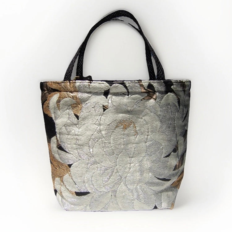 Rangiku 乱菊 Chrysanthemum Vintage Obi Silk Tote in Ivory Black
