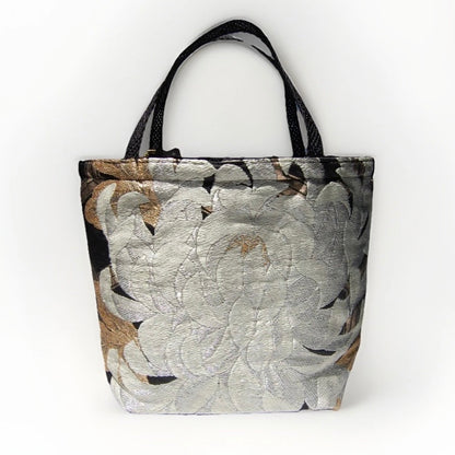 Rangiku 乱菊 Chrysanthemum Vintage Obi Silk Tote in Ivory Black