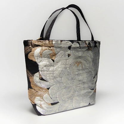 Rangiku 乱菊 Chrysanthemum Vintage Obi Silk Tote in Ivory Black