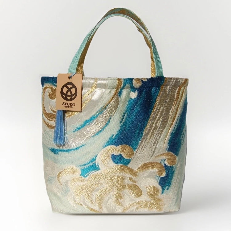 Vintage Fukuro Obi Mini Tote Bag — Turquoise & Gold Standing Wave on Silver Silk