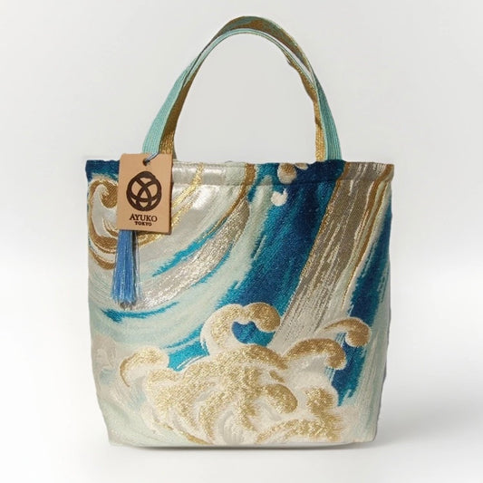 Vintage Fukuro Obi Mini Tote Bag — Turquoise & Gold Standing Wave on Silver Silk