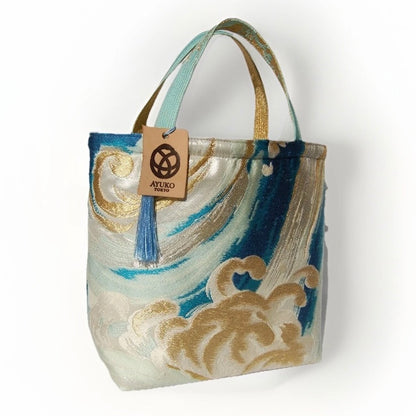 Vintage Fukuro Obi Mini Tote Bag — Turquoise & Gold Standing Wave on Silver Silk