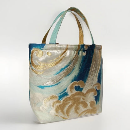 Vintage Fukuro Obi Mini Tote Bag — Turquoise & Gold Standing Wave on Silver Silk