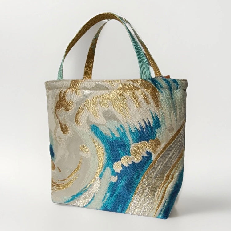 Vintage Fukuro Obi Mini Tote Bag — Turquoise & Gold Standing Wave on Silver Silk