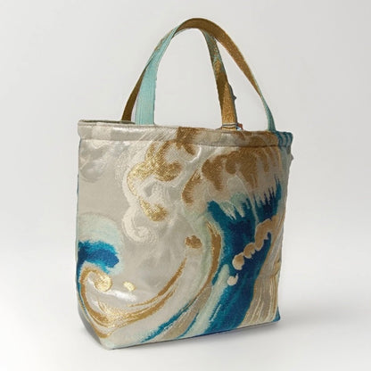 Vintage Fukuro Obi Mini Tote Bag — Turquoise & Gold Standing Wave on Silver Silk