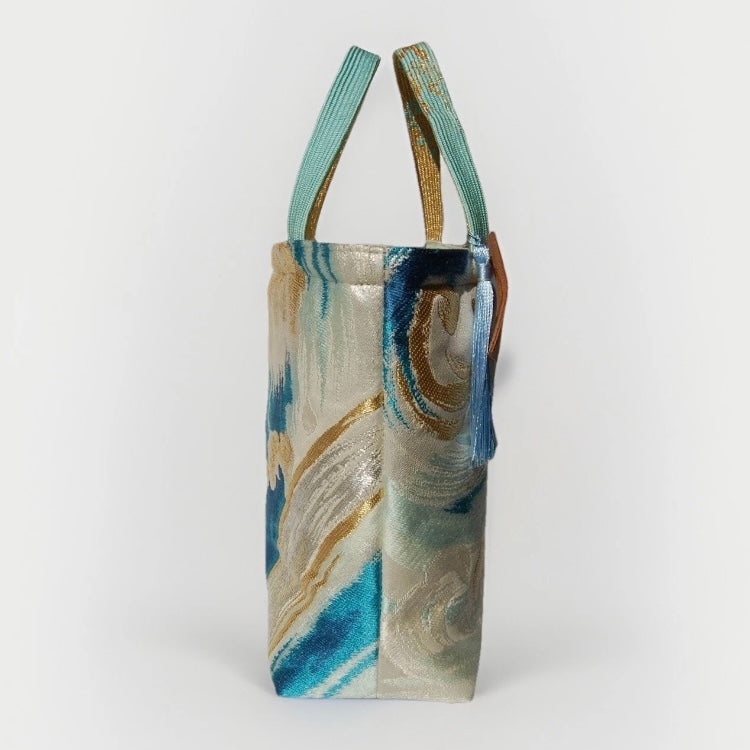 Vintage Fukuro Obi Mini Tote Bag — Turquoise & Gold Standing Wave on Silver Silk