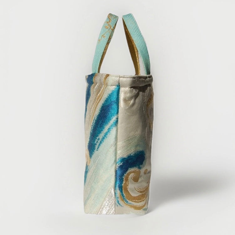 Vintage Fukuro Obi Mini Tote Bag — Turquoise & Gold Standing Wave on Silver Silk
