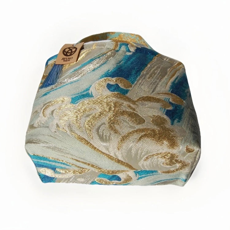 Vintage Fukuro Obi Mini Tote Bag — Turquoise & Gold Standing Wave on Silver Silk