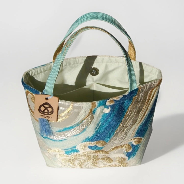 Vintage Fukuro Obi Mini Tote Bag — Turquoise & Gold Standing Wave on Silver Silk