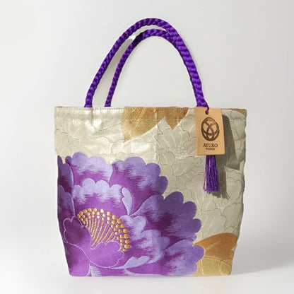 Vintage Fukuro Obi Mini Tote Bag — Purple Peony on Silver-Gold Silk
