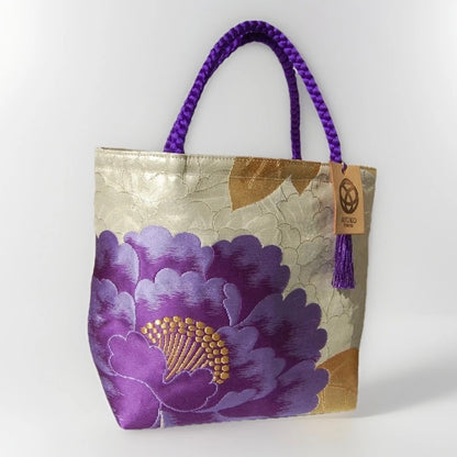 Vintage Fukuro Obi Mini Tote Bag — Purple Peony on Silver-Gold Silk