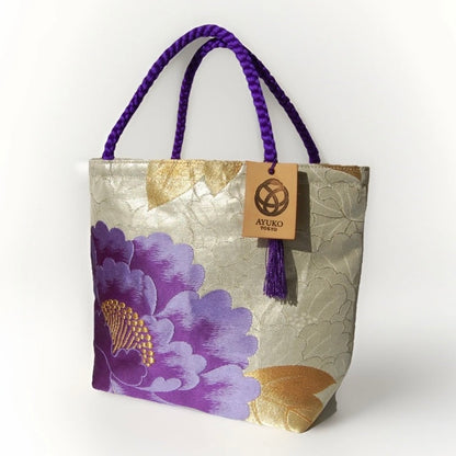 Vintage Fukuro Obi Mini Tote Bag — Purple Peony on Silver-Gold Silk