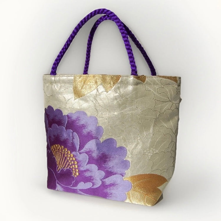 Vintage Fukuro Obi Mini Tote Bag — Purple Peony on Silver-Gold Silk