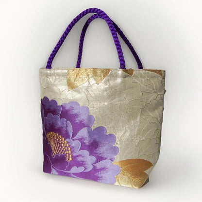 Vintage Fukuro Obi Mini Tote Bag — Purple Peony on Silver-Gold Silk