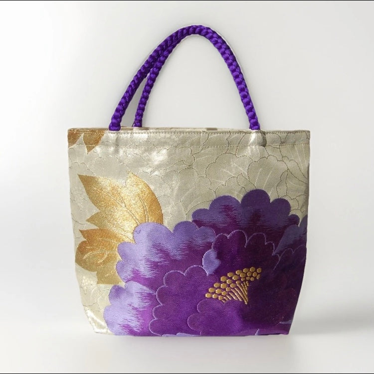Vintage Fukuro Obi Mini Tote Bag — Purple Peony on Silver-Gold Silk