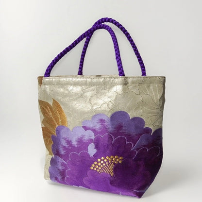 Vintage Fukuro Obi Mini Tote Bag — Purple Peony on Silver-Gold Silk