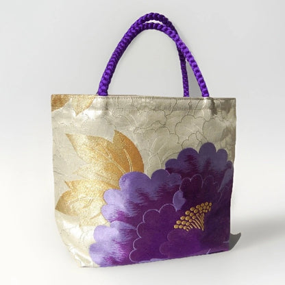 Vintage Fukuro Obi Mini Tote Bag — Purple Peony on Silver-Gold Silk