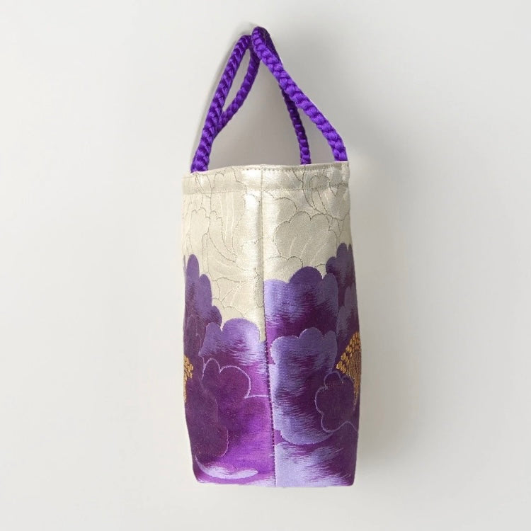 Vintage Fukuro Obi Mini Tote Bag — Purple Peony on Silver-Gold Silk