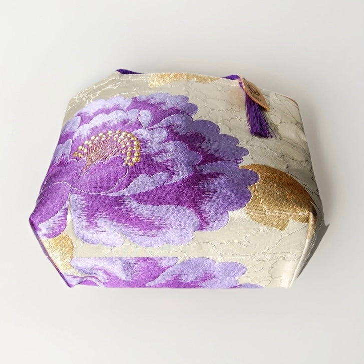 Vintage Fukuro Obi Mini Tote Bag — Purple Peony on Silver-Gold Silk