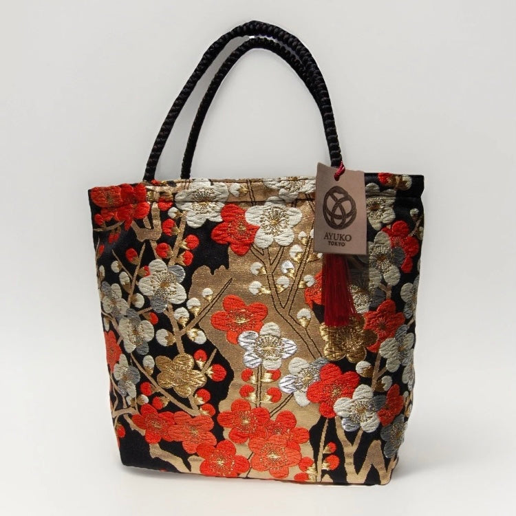 Vintage Fukuro Obi Mini Tote Bag — Vermilion & Silver Plum Blossom on Black Silk