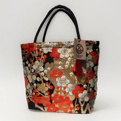 Vintage Fukuro Obi Mini Tote Bag — Vermilion & Silver Plum Blossom on Black Silk
