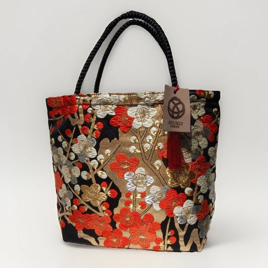 Vintage Fukuro Obi Mini Tote Bag — Vermilion & Silver Plum Blossom on Black Silk