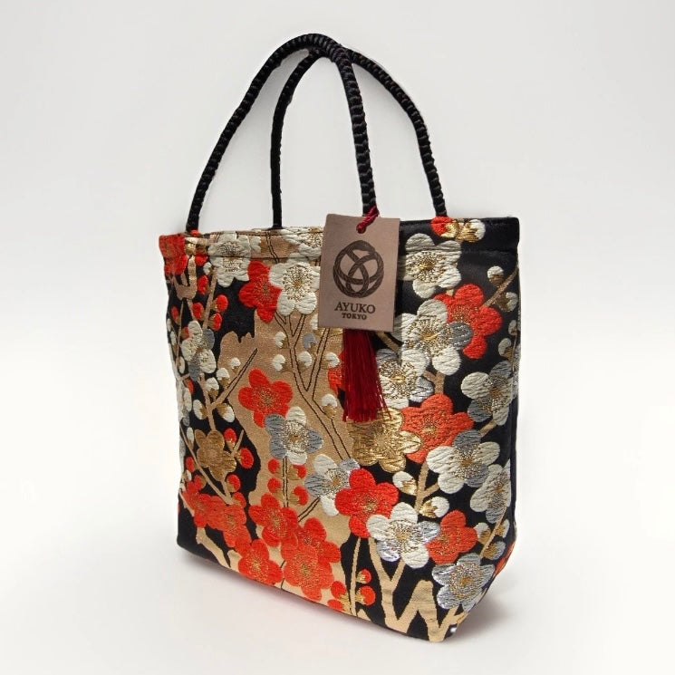 Vintage Fukuro Obi Mini Tote Bag — Vermilion & Silver Plum Blossom on Black Silk