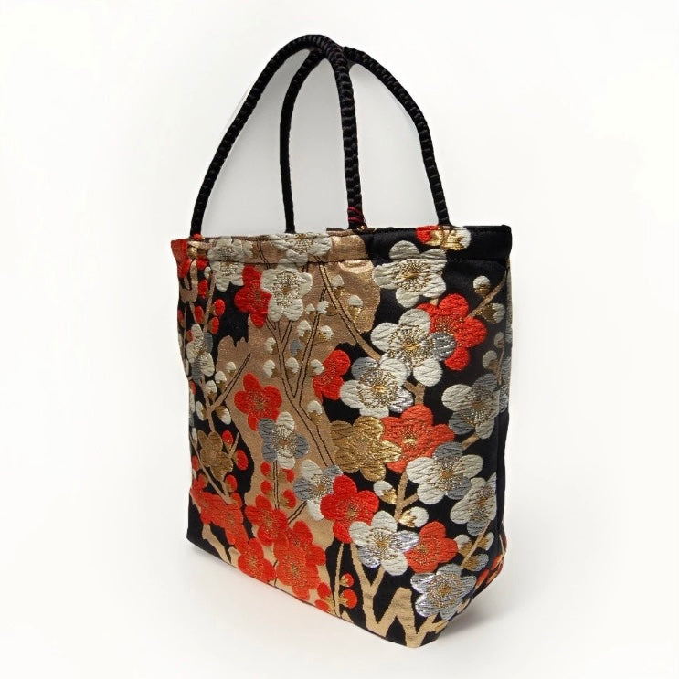 Vintage Fukuro Obi Mini Tote Bag — Vermilion & Silver Plum Blossom on Black Silk