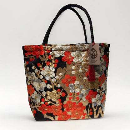 Vintage Fukuro Obi Mini Tote Bag — Vermilion & Silver Plum Blossom on Black Silk