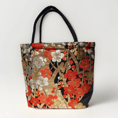 Vintage Fukuro Obi Mini Tote Bag — Vermilion & Silver Plum Blossom on Black Silk