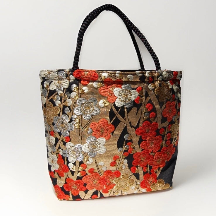 Vintage Fukuro Obi Mini Tote Bag — Vermilion & Silver Plum Blossom on Black Silk