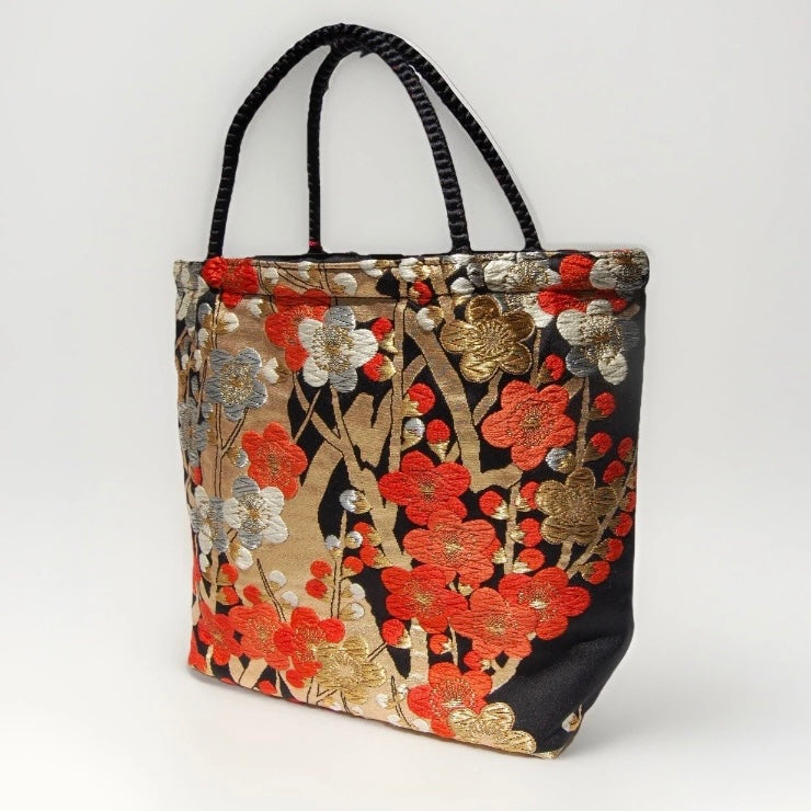 Vintage Fukuro Obi Mini Tote Bag — Vermilion & Silver Plum Blossom on Black Silk