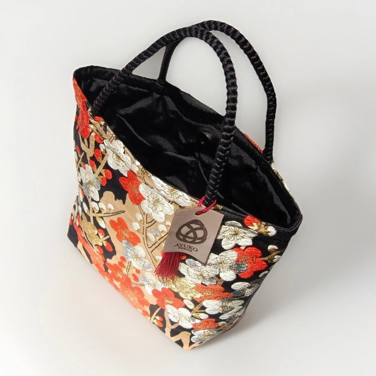 Vintage Fukuro Obi Mini Tote Bag — Vermilion & Silver Plum Blossom on Black Silk
