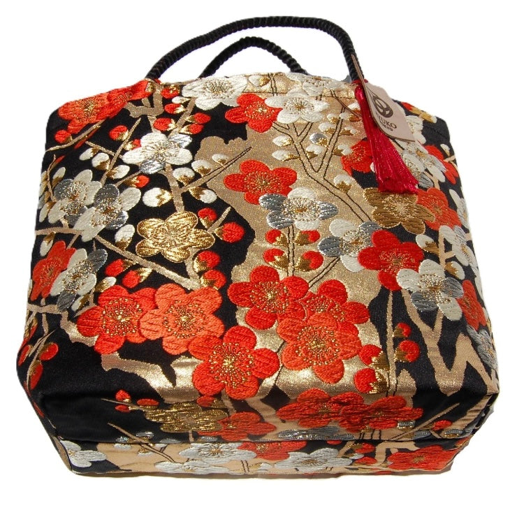 Vintage Fukuro Obi Mini Tote Bag — Vermilion & Silver Plum Blossom on Black Silk