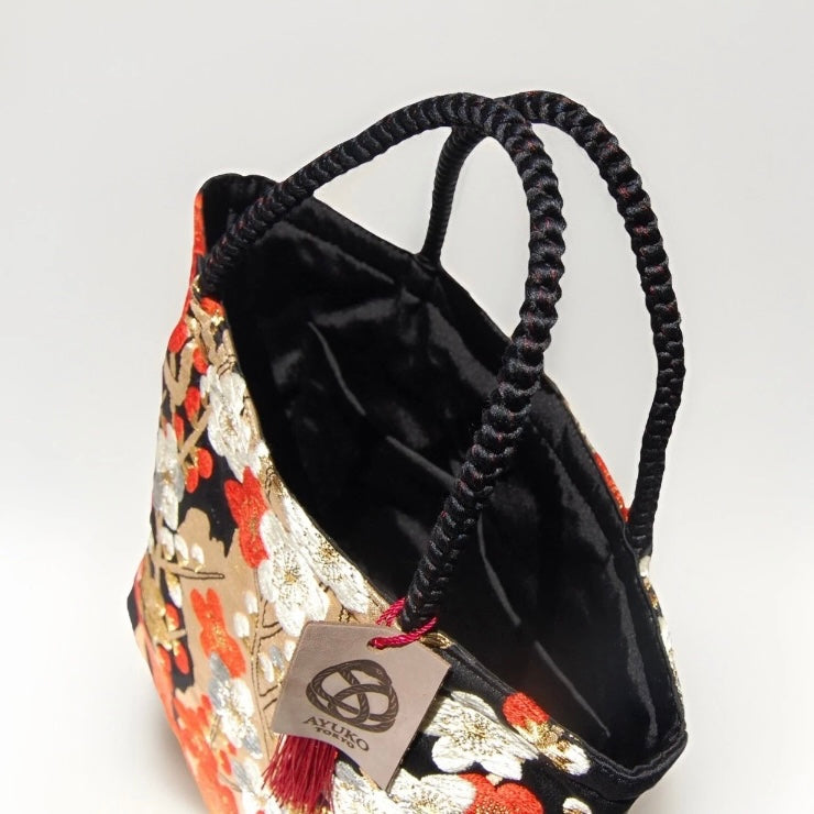 Vintage Fukuro Obi Mini Tote Bag — Vermilion & Silver Plum Blossom on Black Silk