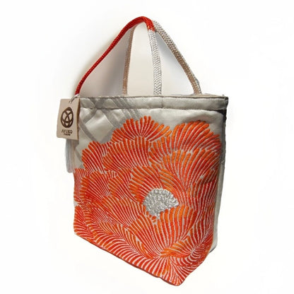 Vintage Fukuro Obi Mini Tote Bag — Orange Peony on Silver Silk