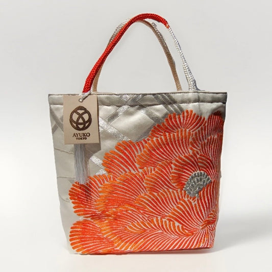 Vintage Fukuro Obi Mini Tote Bag — Orange Peony on Silver Silk