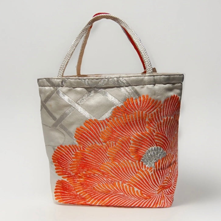 Vintage Fukuro Obi Mini Tote Bag — Orange Peony on Silver Silk
