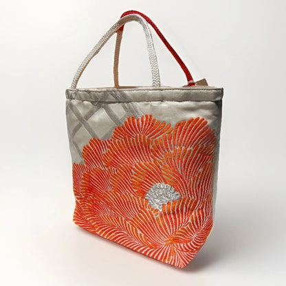 Vintage Fukuro Obi Mini Tote Bag — Orange Peony on Silver Silk