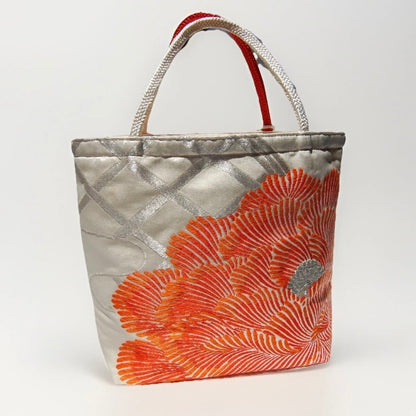 Vintage Fukuro Obi Mini Tote Bag — Orange Peony on Silver Silk