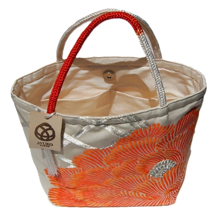 Vintage Fukuro Obi Mini Tote Bag — Orange Peony on Silver Silk