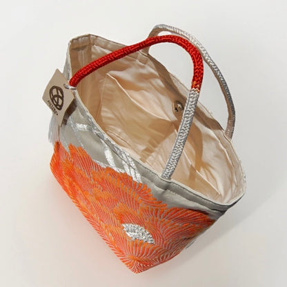 Vintage Fukuro Obi Mini Tote Bag — Orange Peony on Silver Silk