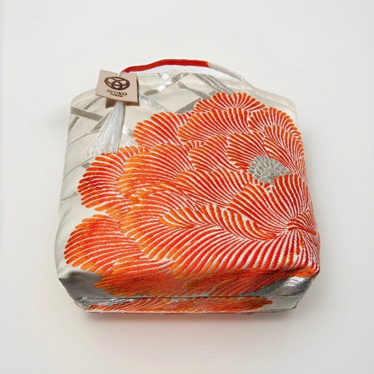 Vintage Fukuro Obi Mini Tote Bag — Orange Peony on Silver Silk