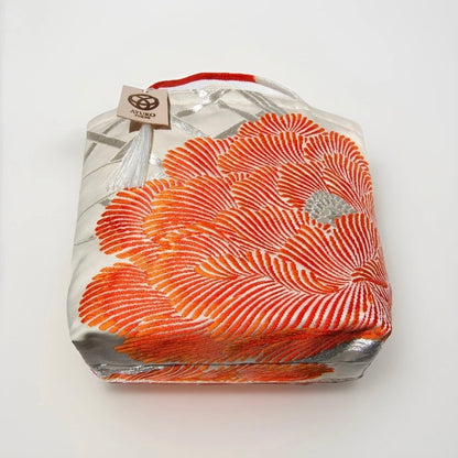 Vintage Fukuro Obi Mini Tote Bag — Orange Peony on Silver Silk