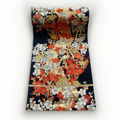 Vintage Fukuro Obi Mini Tote Bag — Vermilion & Silver Plum Blossom on Black Silk