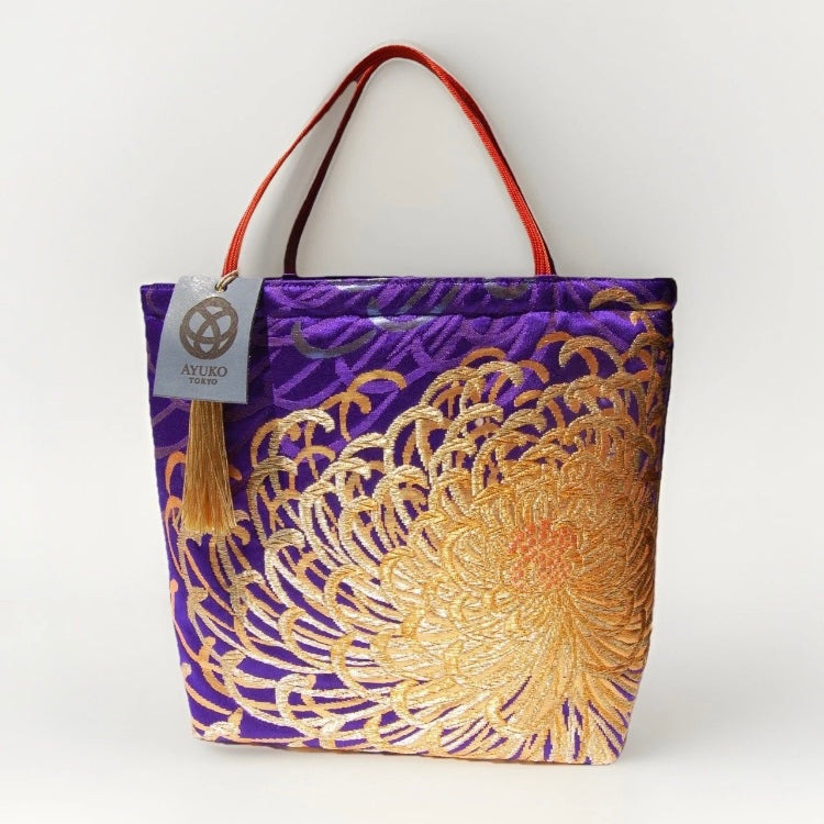 Rangiku 乱菊 Chrysanthemum Vintage Obi Silk Tote in Violet Gold