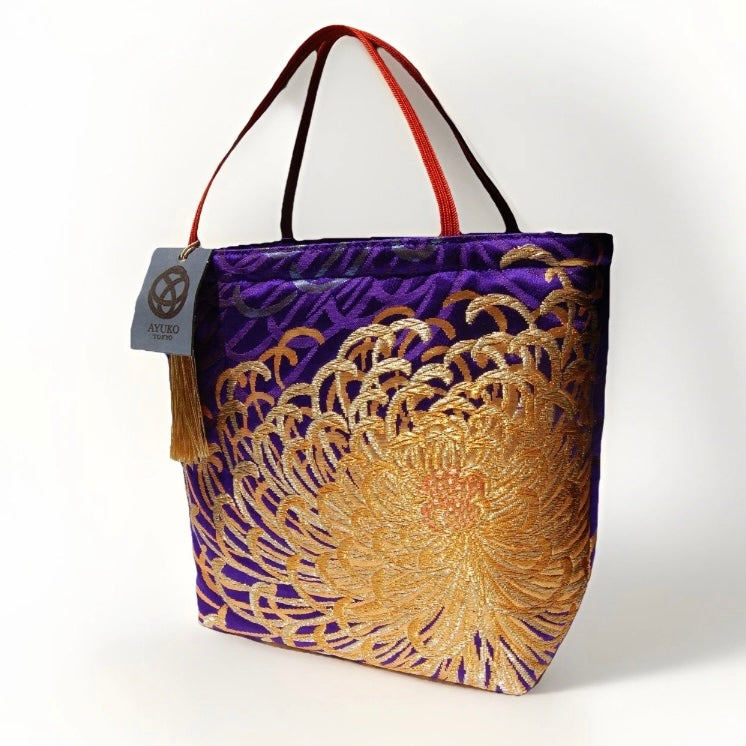 Rangiku 乱菊 Chrysanthemum Vintage Obi Silk Tote in Violet Gold