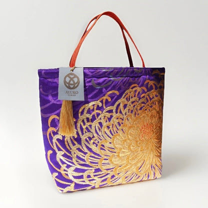 Rangiku 乱菊 Chrysanthemum Vintage Obi Silk Tote in Violet Gold